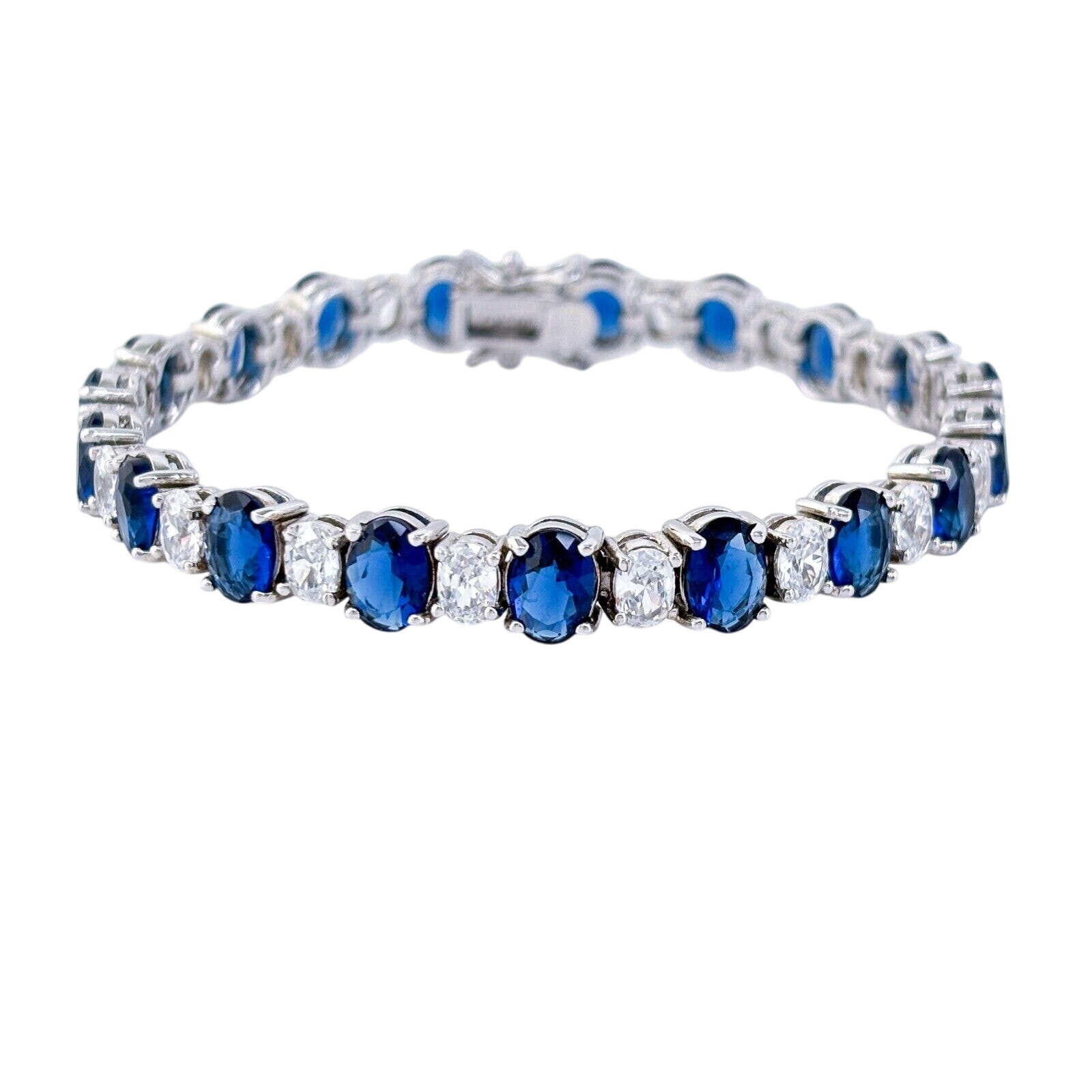 Vintage Sterling Silver 925 Blue & Clear Cubic Zirconia Tennis Bracelet 7"